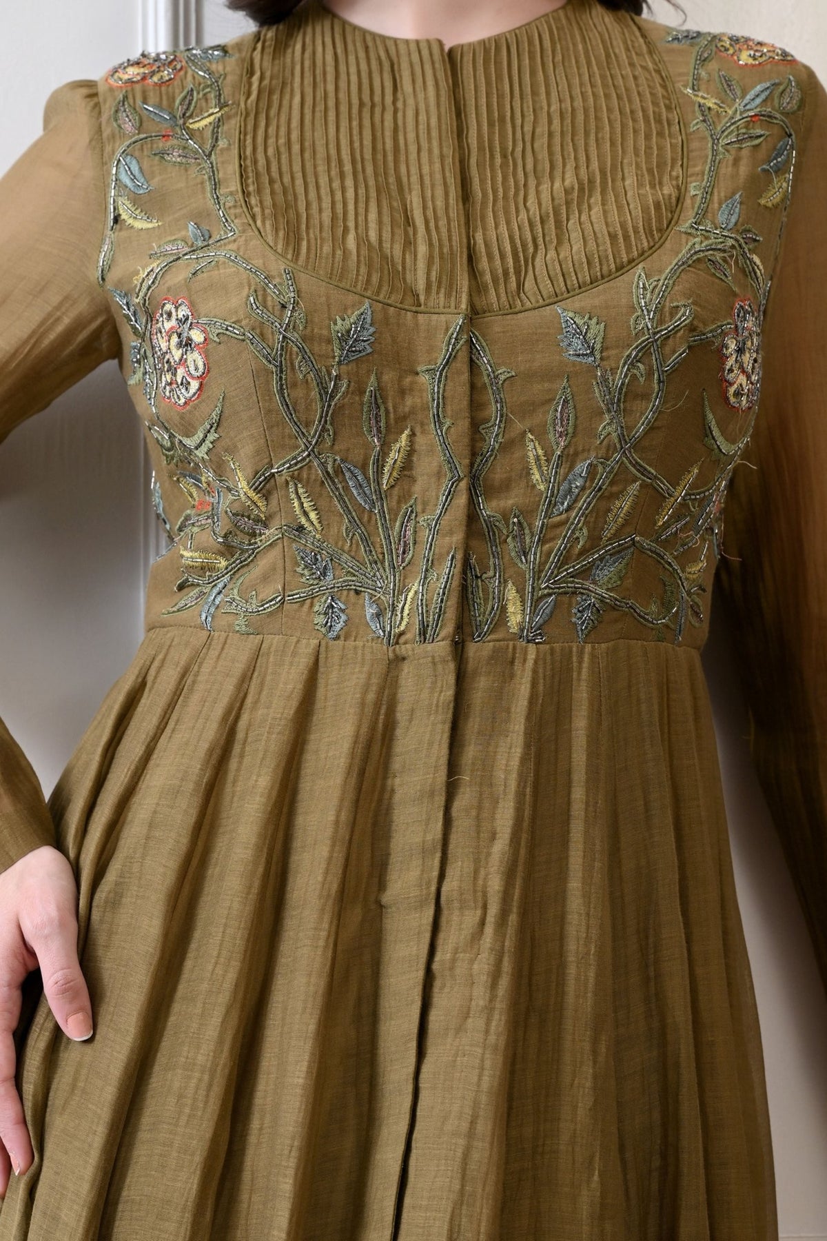 Olive Silk Embroidered Anarkali