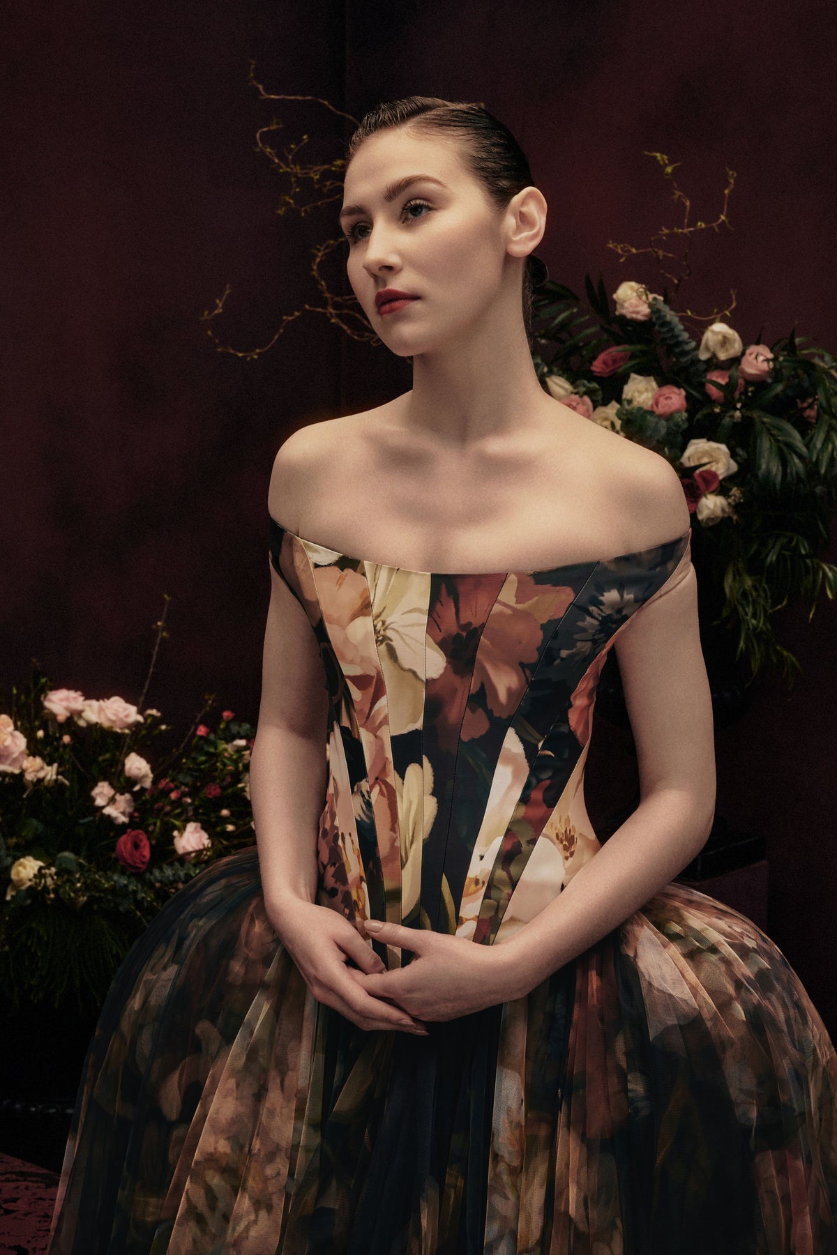 Off Shoulder Panel Corseted Gown