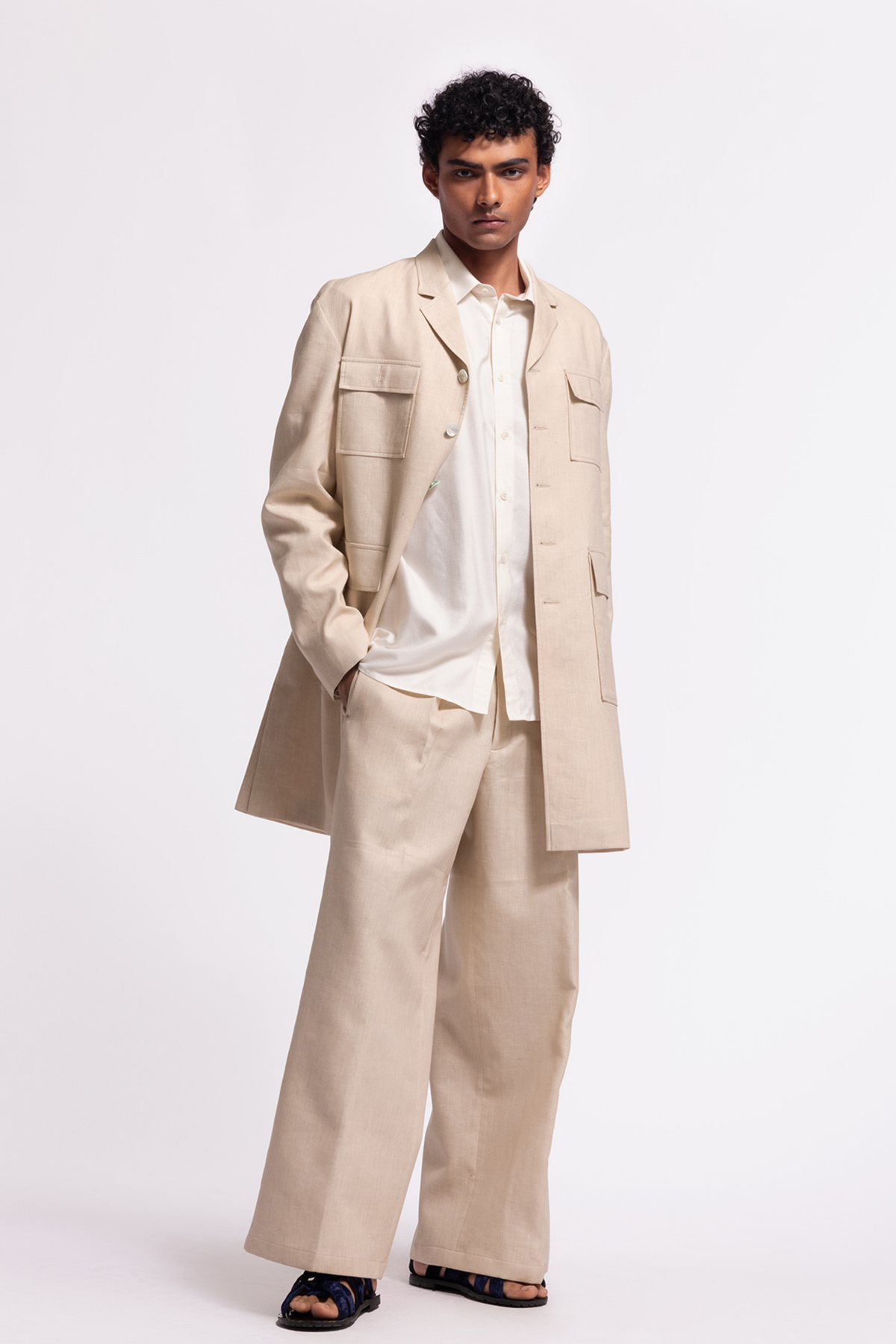 Plain Ivory Long Jacket With Pocket