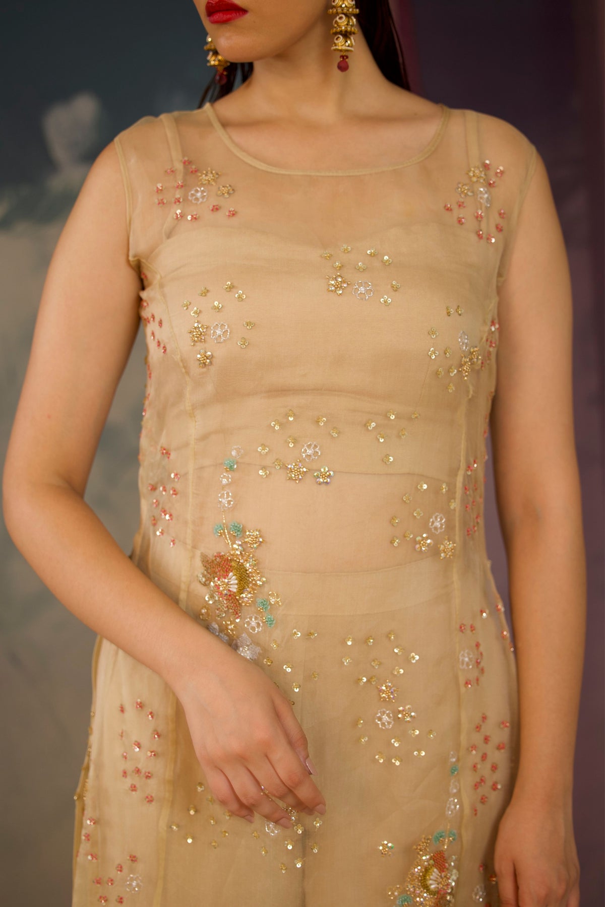 Beige Organza Kurta Set