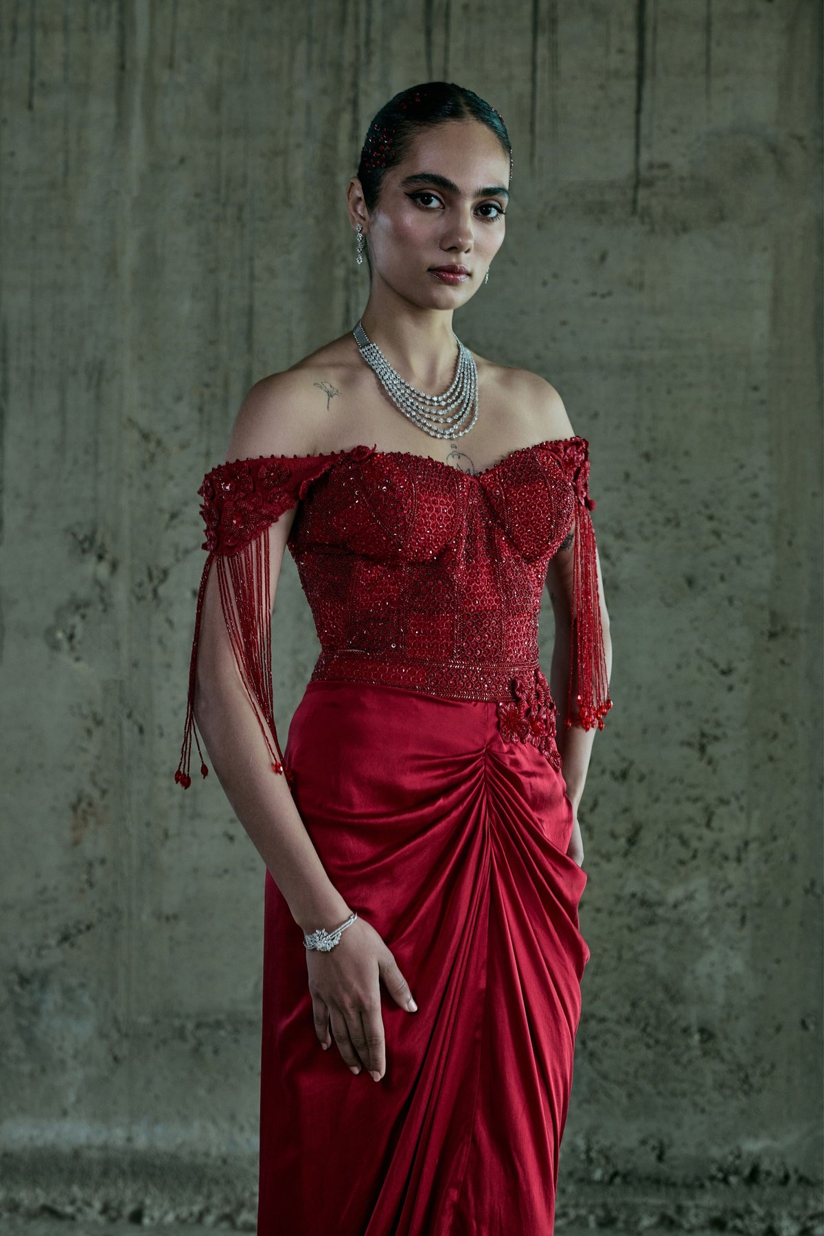 Red Off Shoulder Corset with Skirt