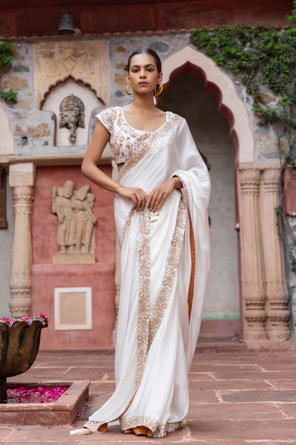 White Paisley Saree Set