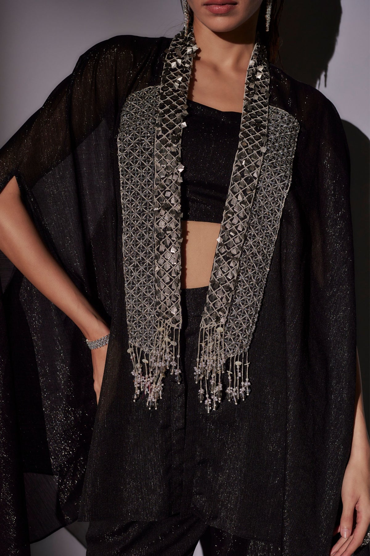 Black Embroidered Cape Set