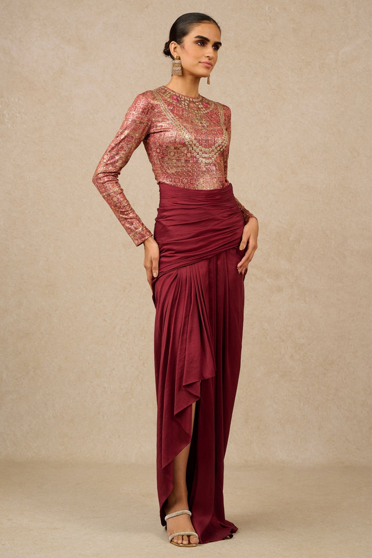 Wine Draped Skirt Co-ord Set