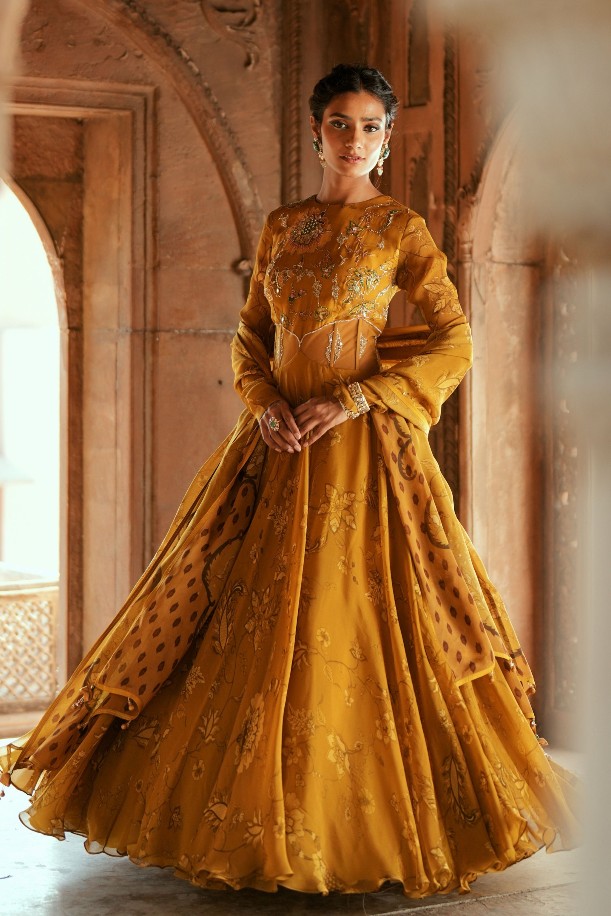 Isha Gupta Tayal - Golden Floral Organza Anarkali Set - Elahe Isha Gupta Tayal - Golden Floral Organza Anarkali Set - Elahe