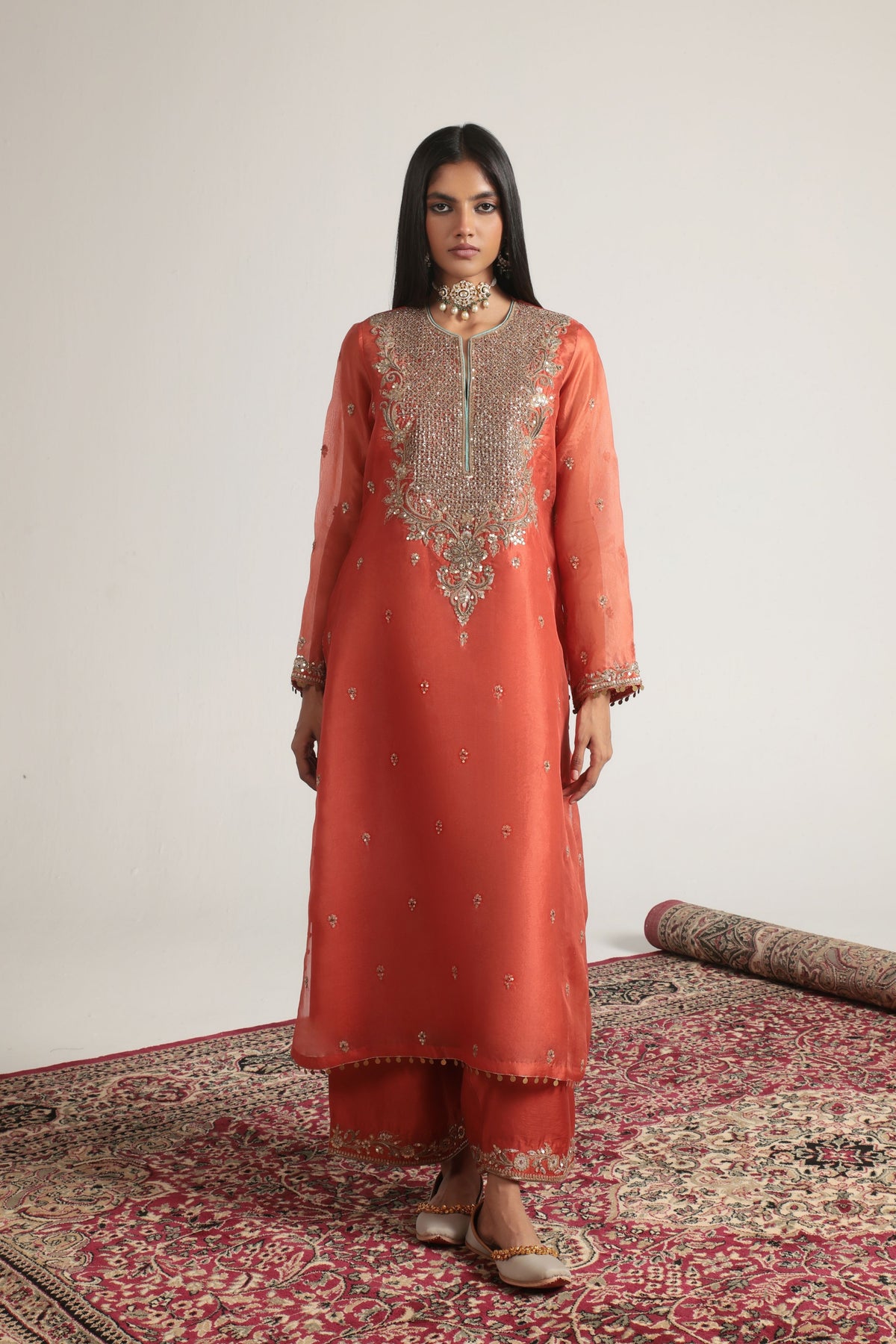 Zar-Rang Orange Long Kurta Set