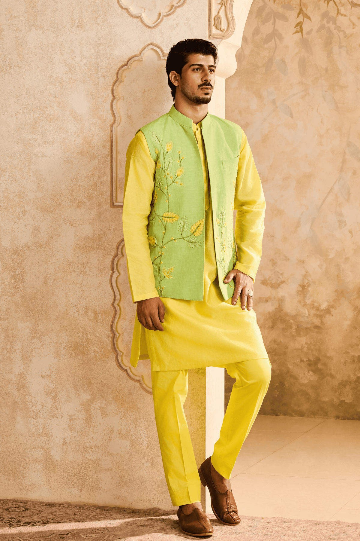 Green Floral Jacket Yellow Kurta Set
