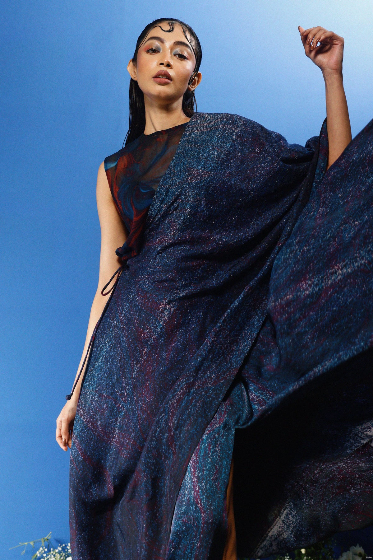 Slit Skirt And One Shoulder Drape