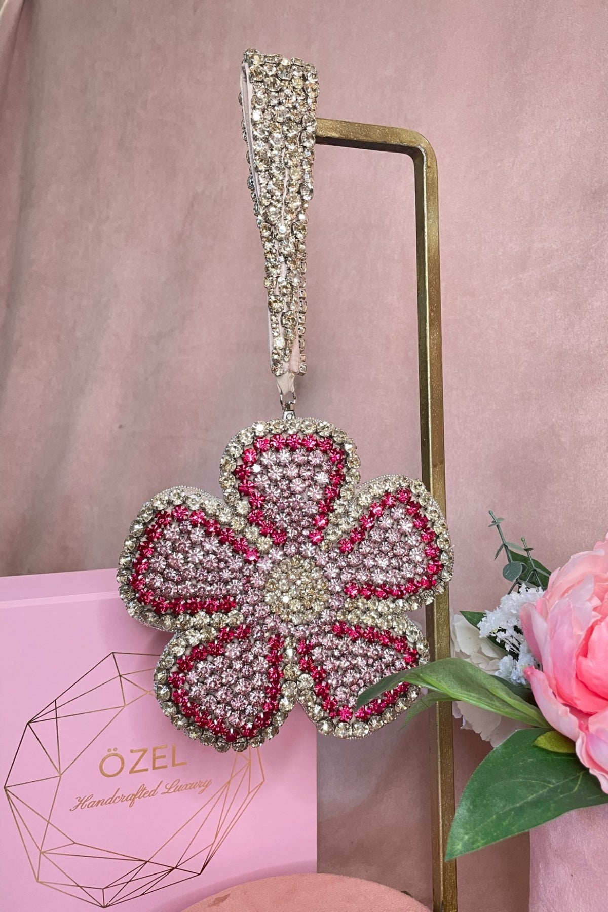 Pink and Gold Flower Mini Rhinestone Bag