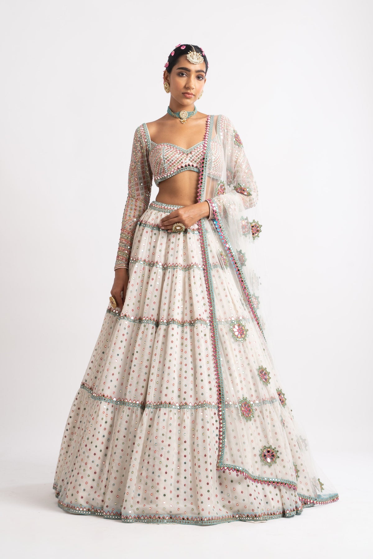 White multi tier lehenga