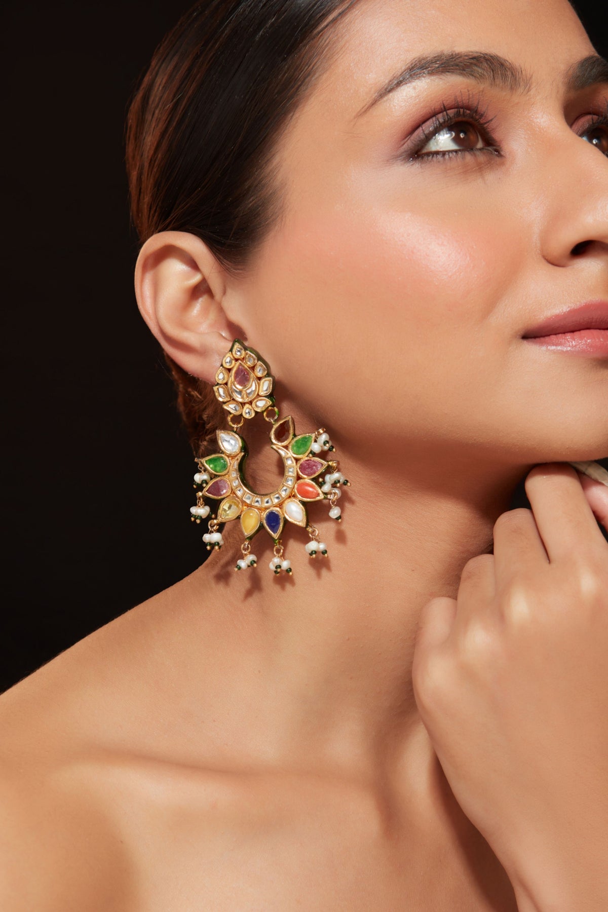 Multicolored Womens Kundan Polki With Earrings