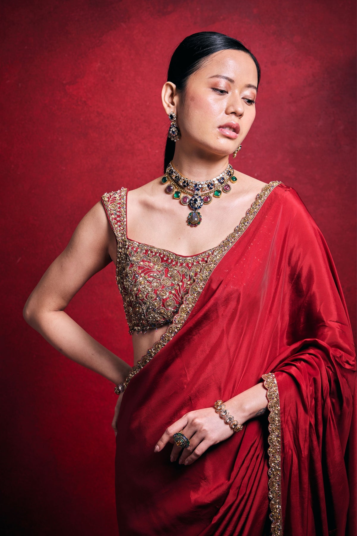 Red Habutai Saree Set