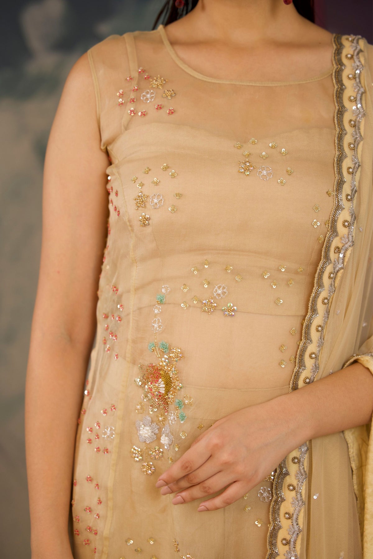 Beige Organza Kurta Set