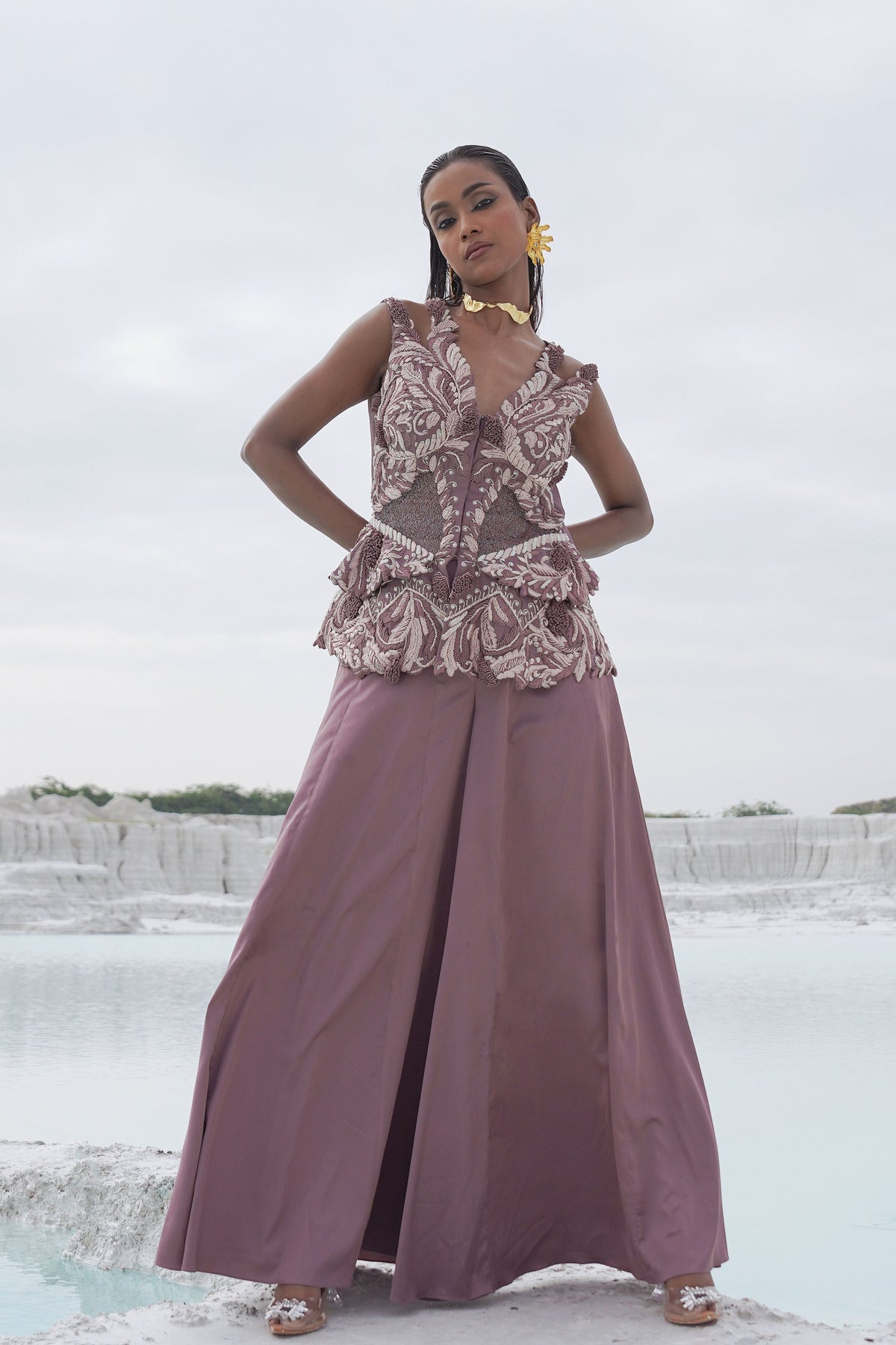 Pastel Purple Embroidered Palazzo Set