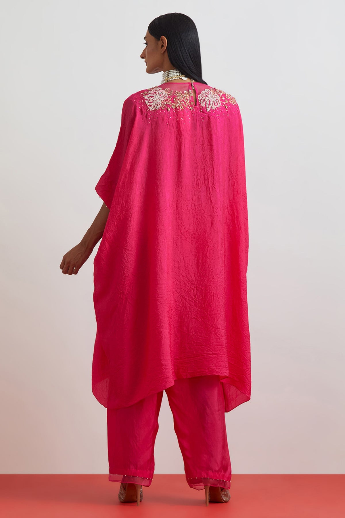 Hot Pink Floral Crystal Kaftan Set
