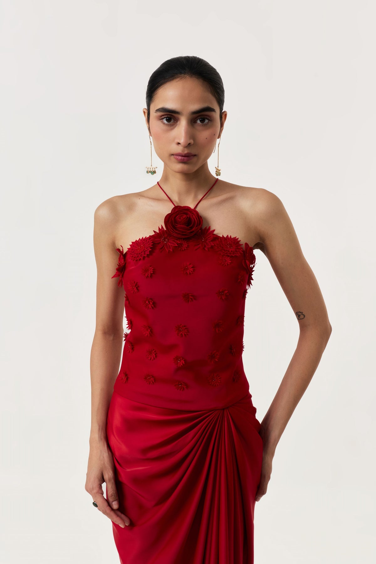 3d Floral Halter Red Skirt Set