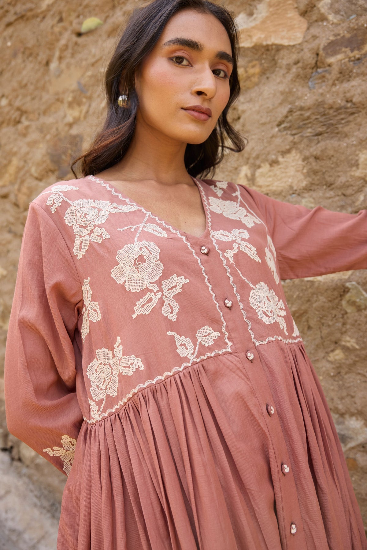 Brown Gathered Embroidered Kurta