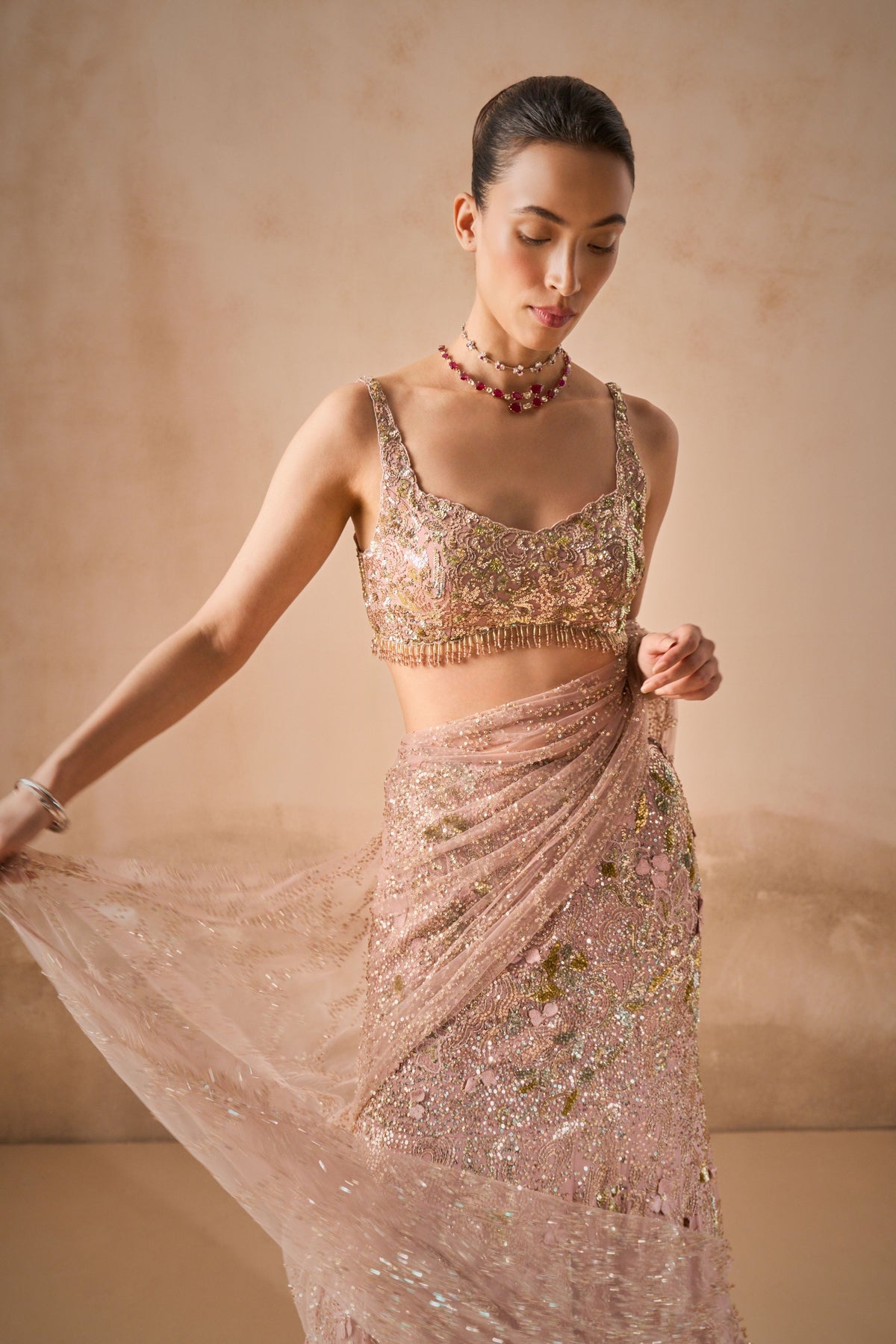 Rose Pink Drape Lehenga Set