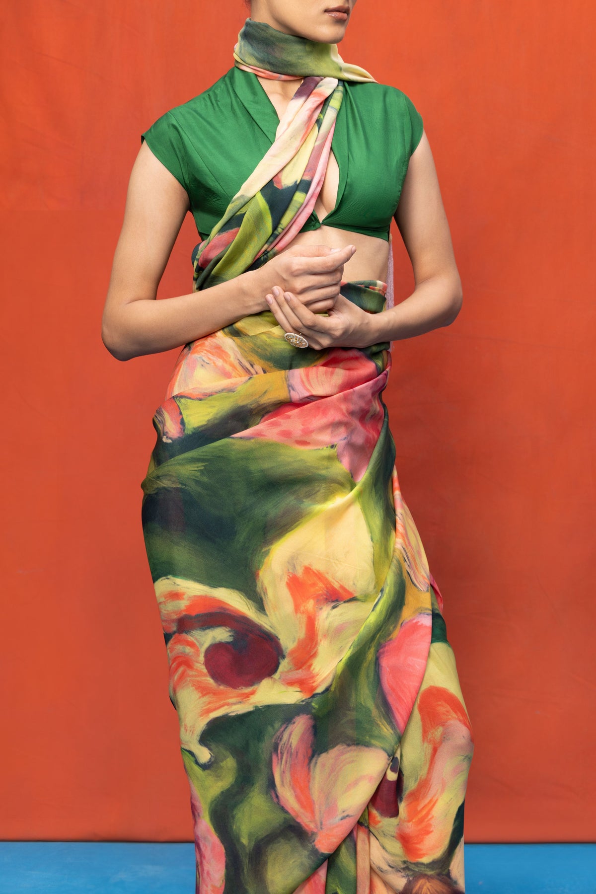 Green & Pink Brush Stroke Saree