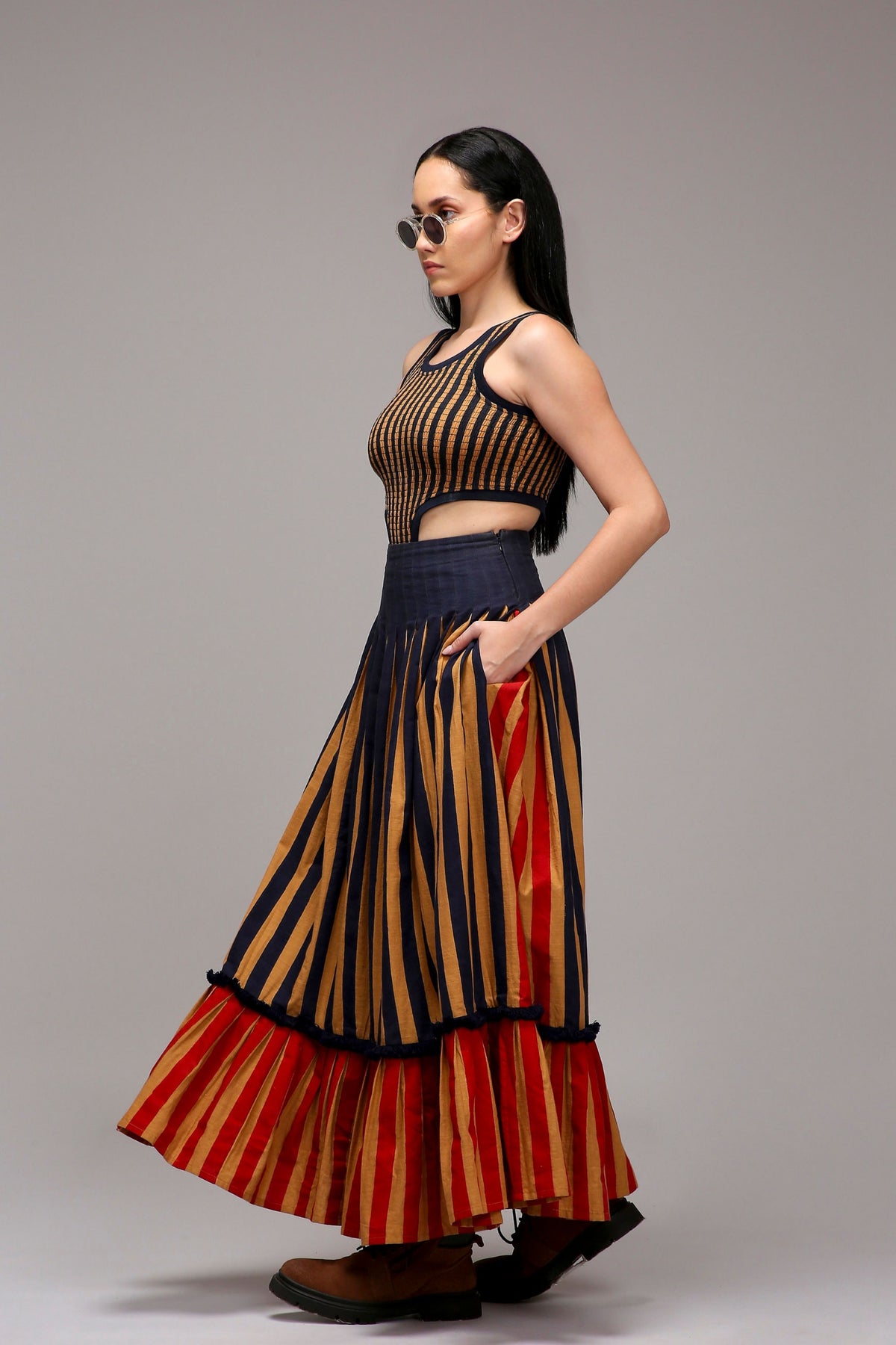 Tan-brown Bodysuit Dual Striped Skirt