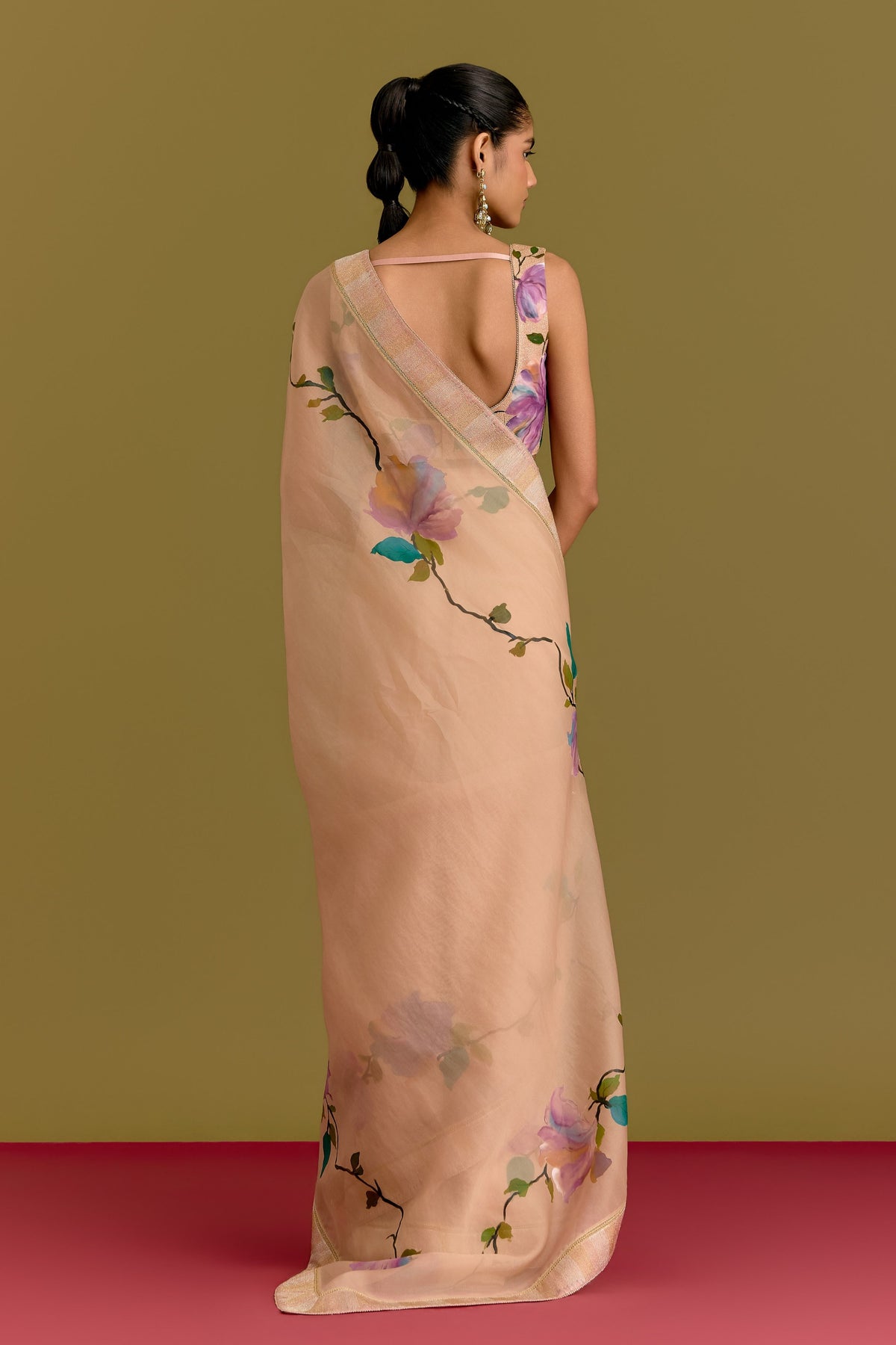 Beige Hand Painted Saree Set