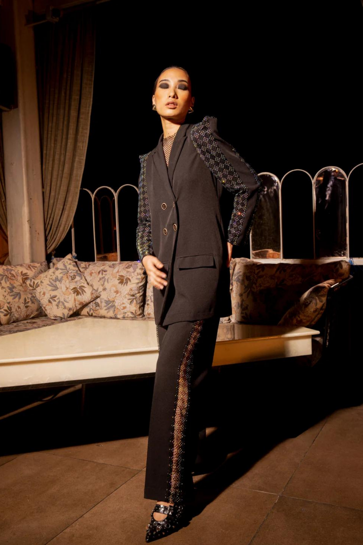 Black  Puff Rhinestone Sleeve Co-ord Set