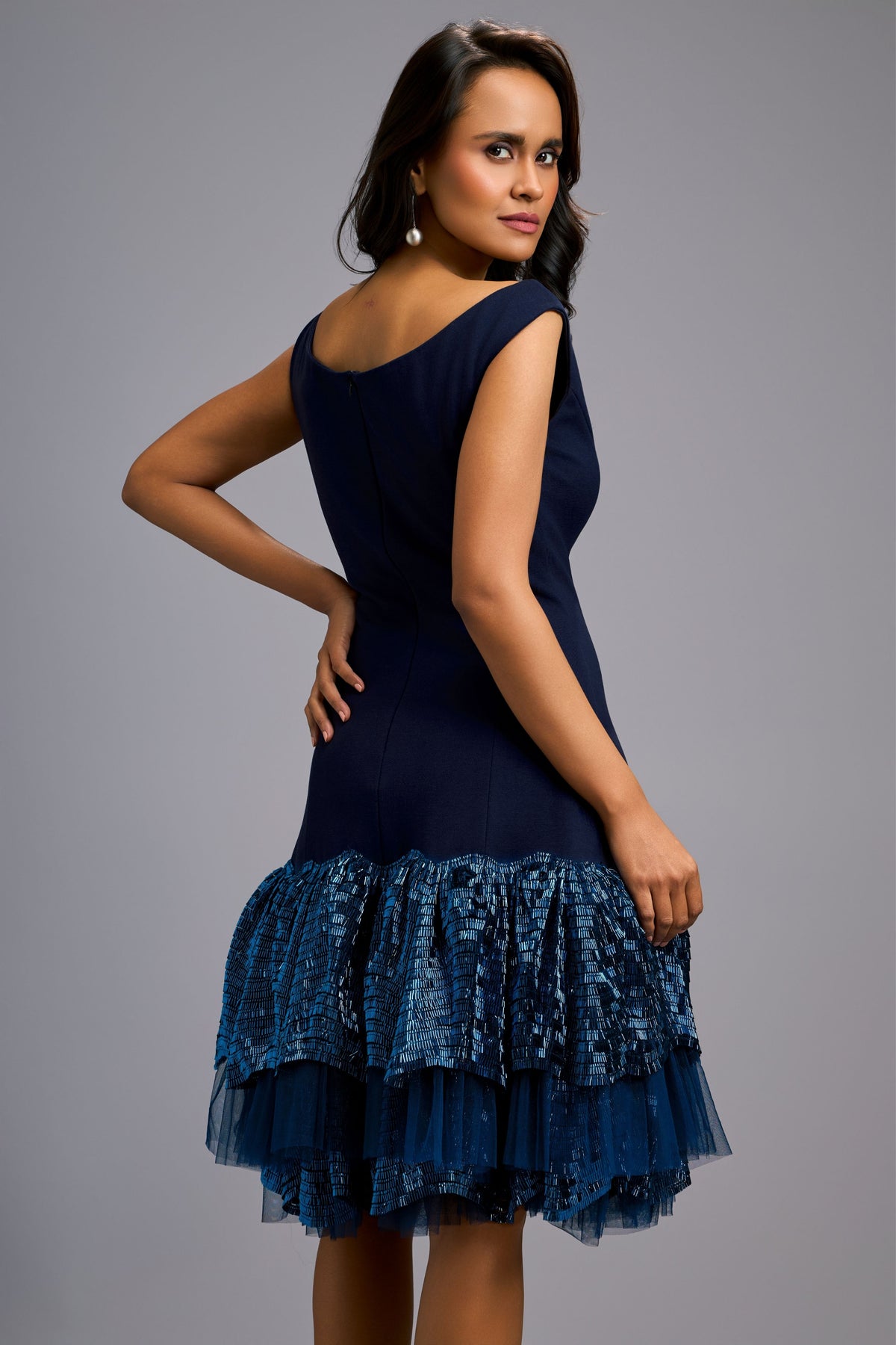 Off-Shoulder Navy Shimmer Dress