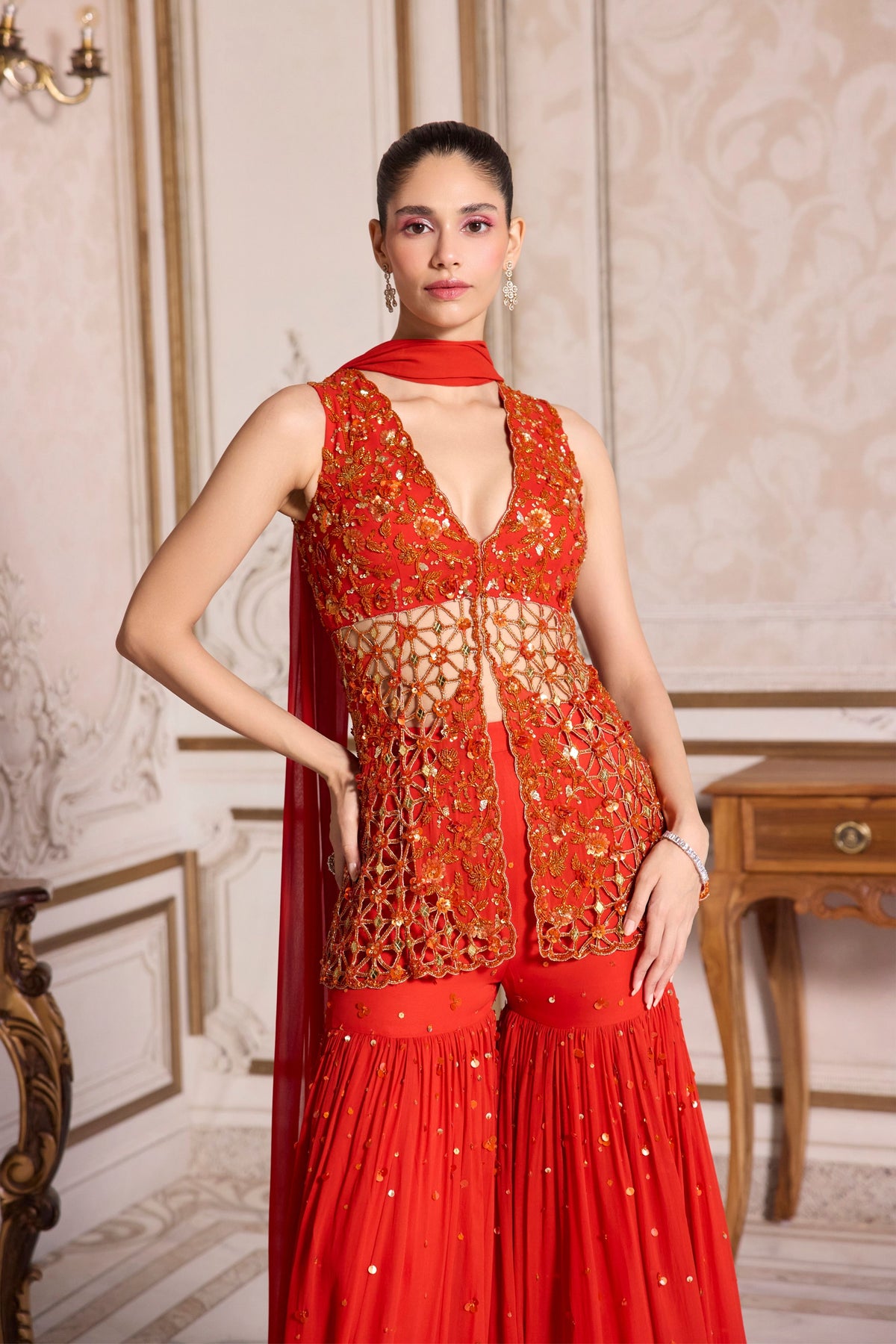 Rust Cut Work Sharara Set