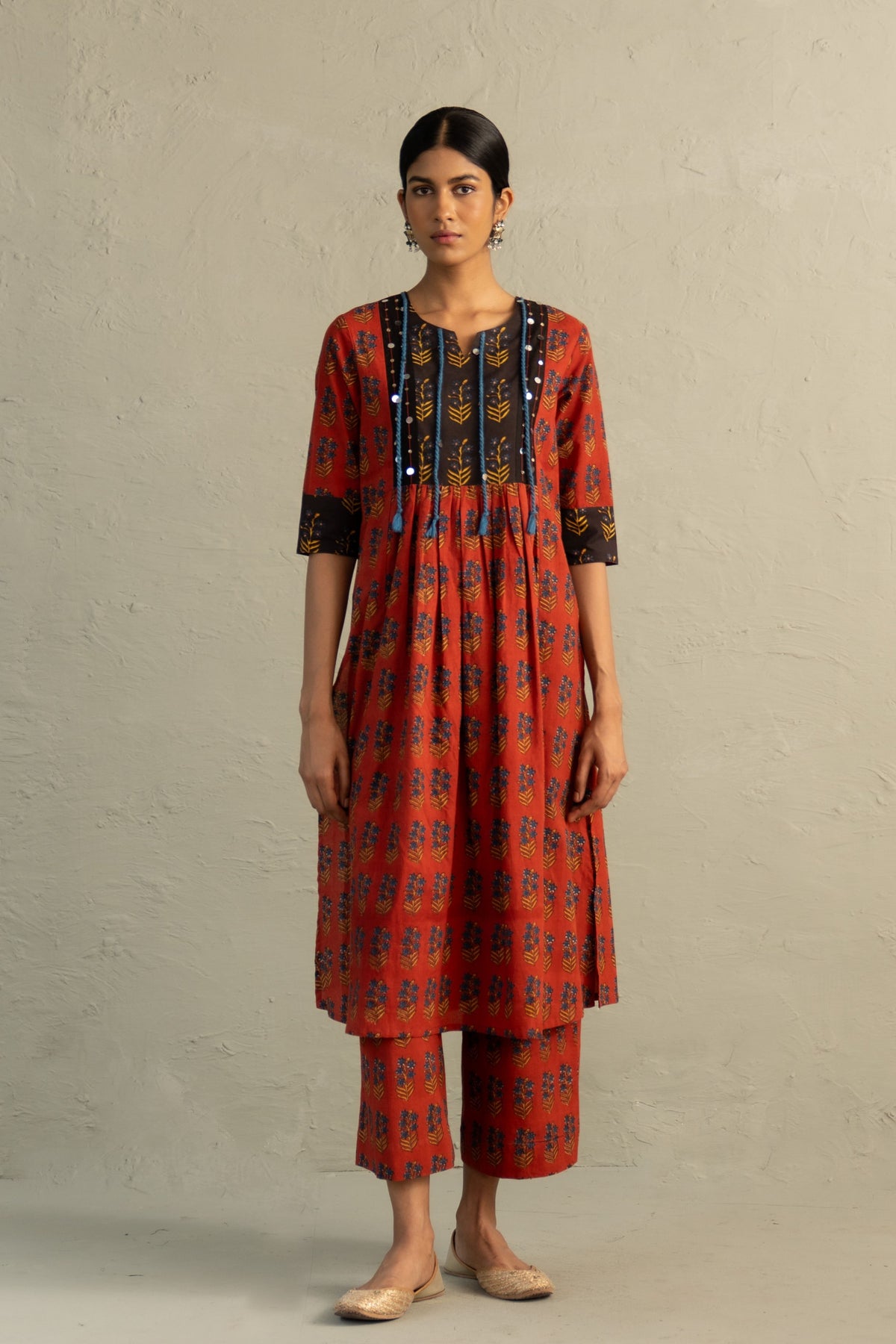 Red Hand Block Kurta Set