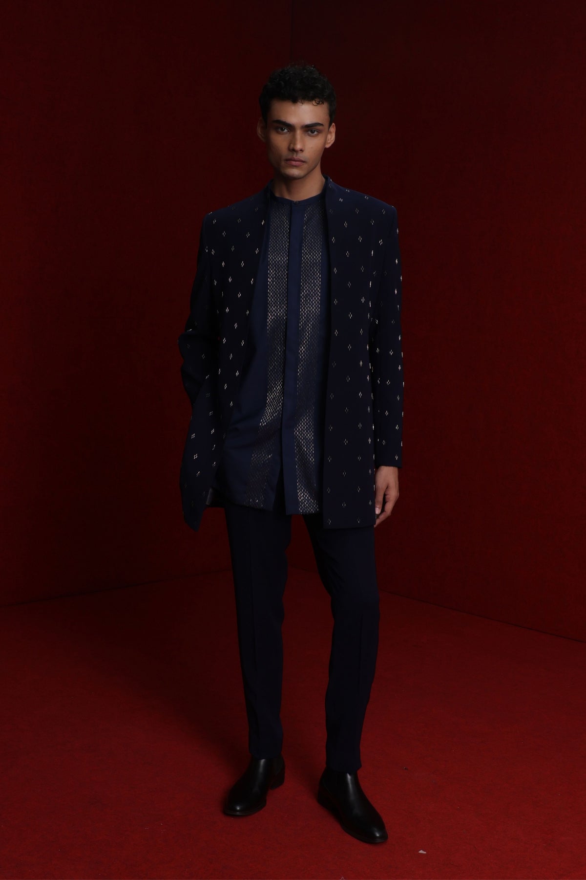 Navy Blue Open Style Indowestern Set