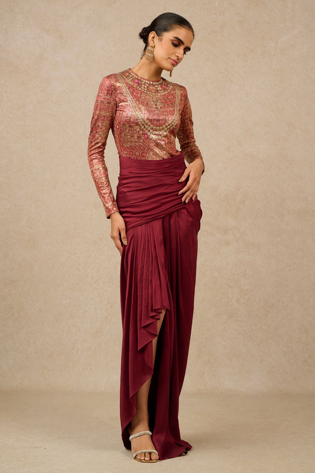 Wine Draped Skirt Co-ord Set