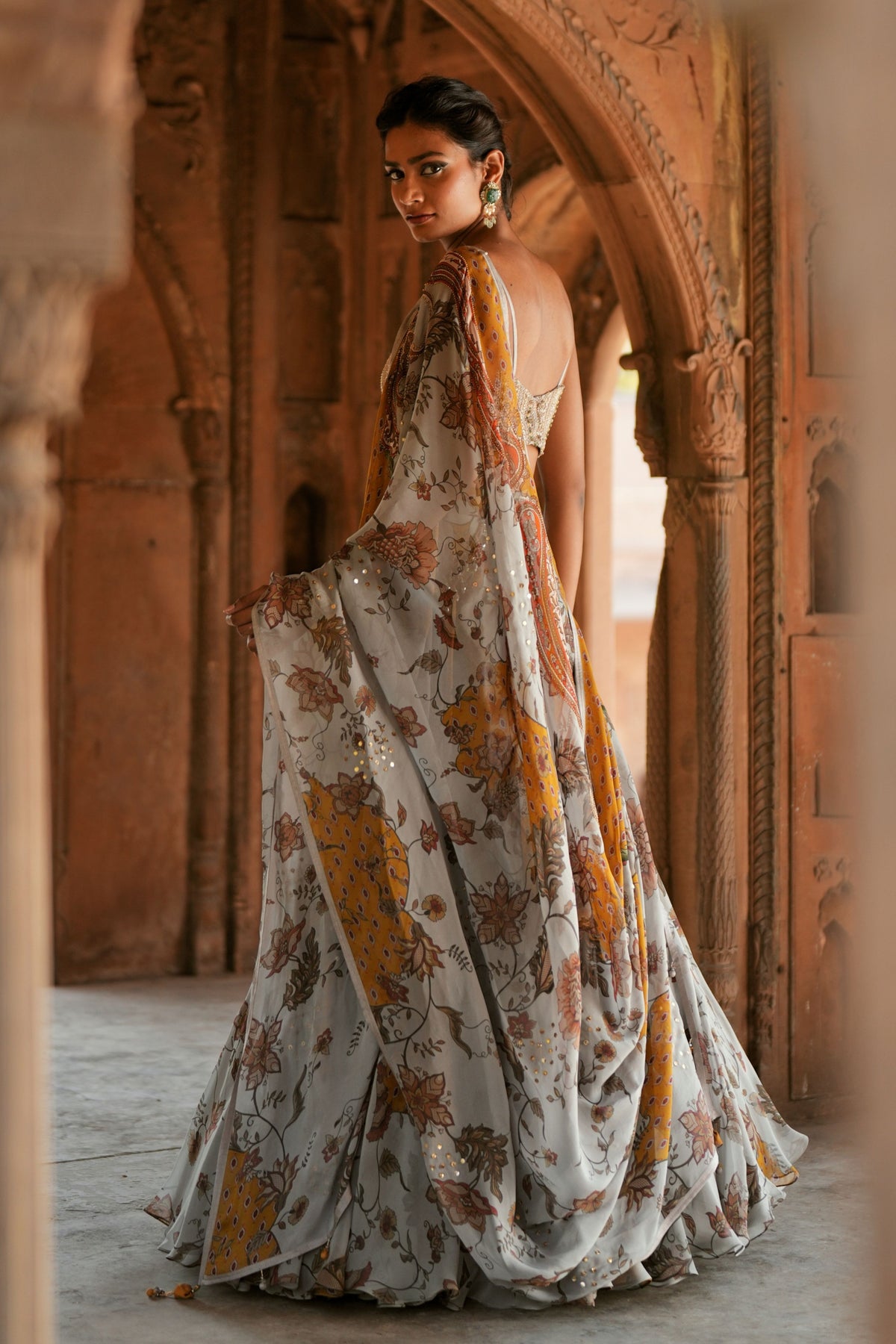 Grey Floral Organza Lehenga Set