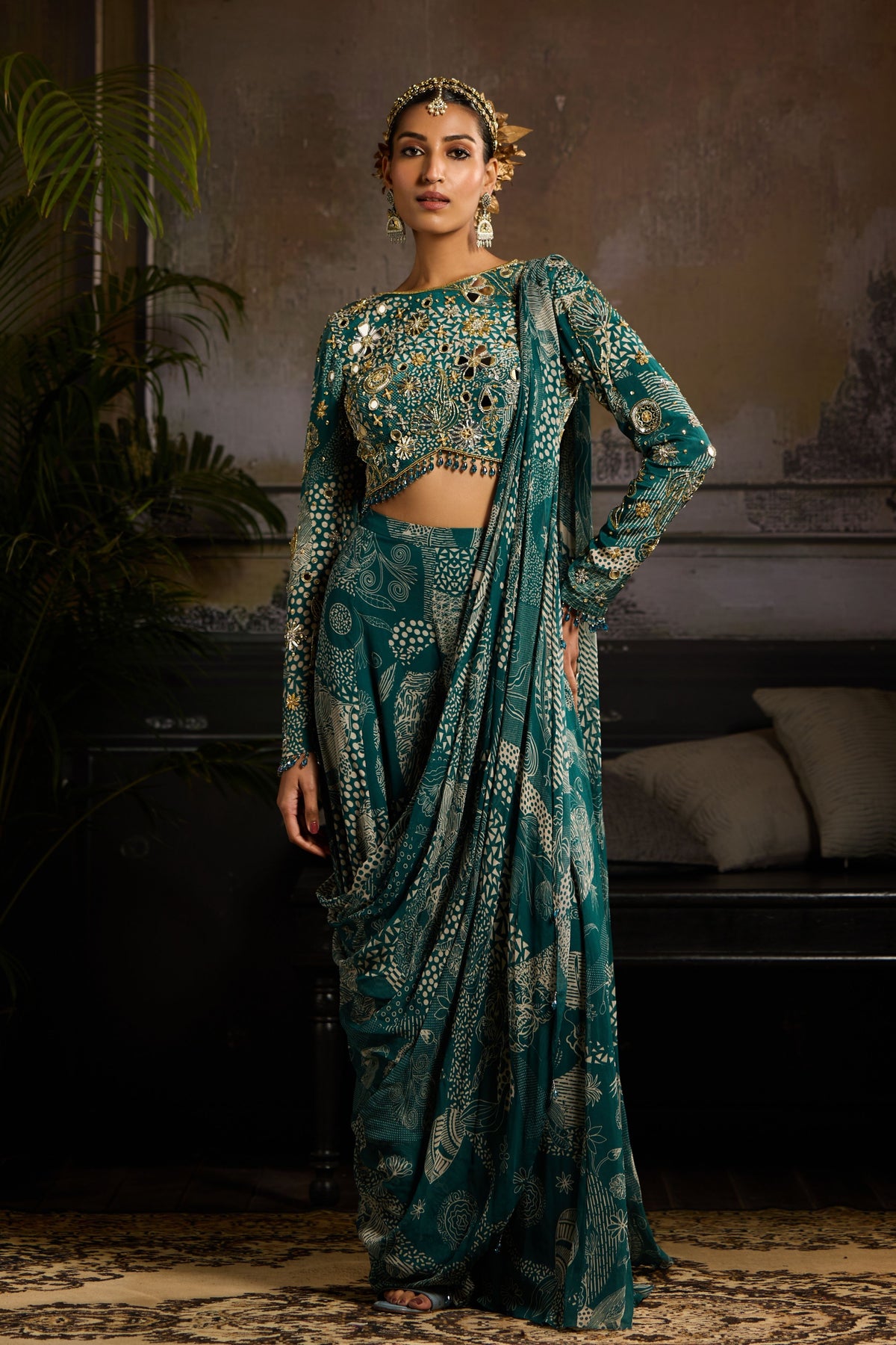 Teal Printed Pant Saree Set