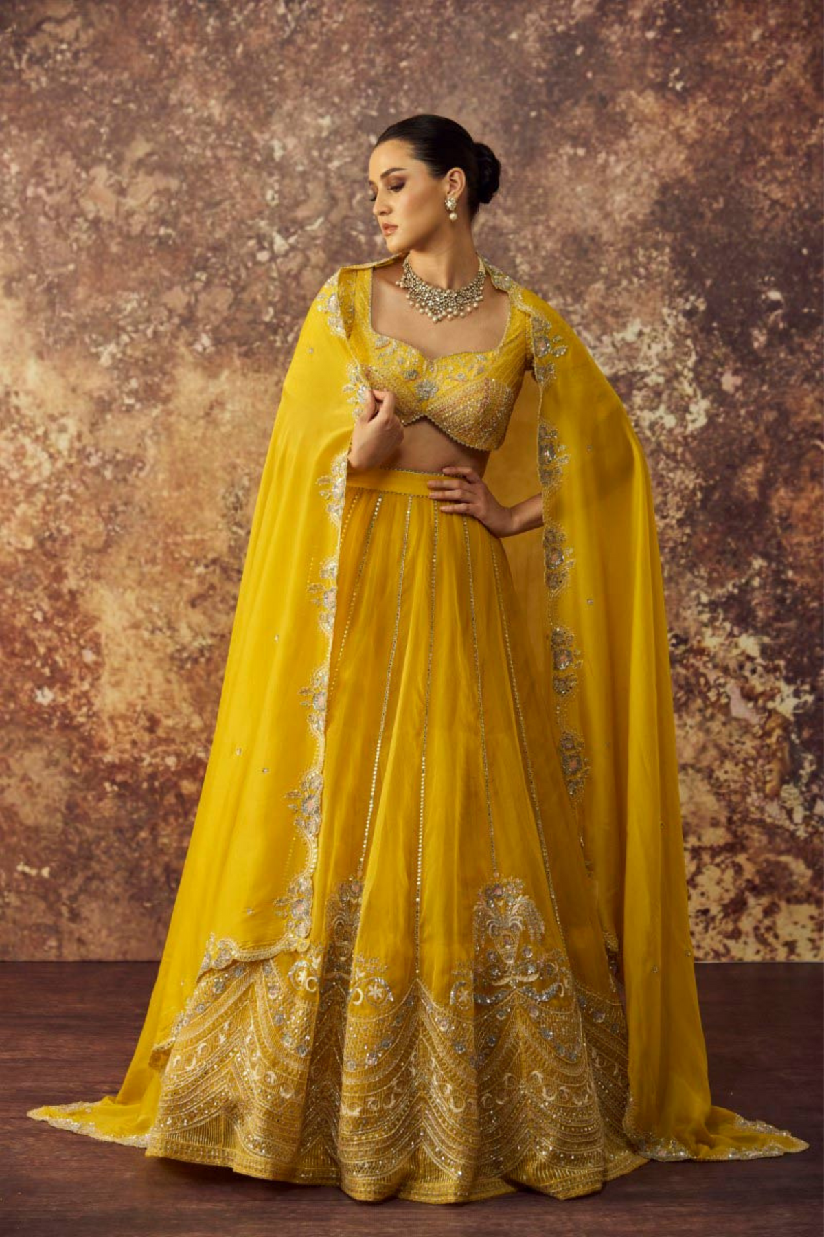 Yellow Organza Pot Lehenga Set