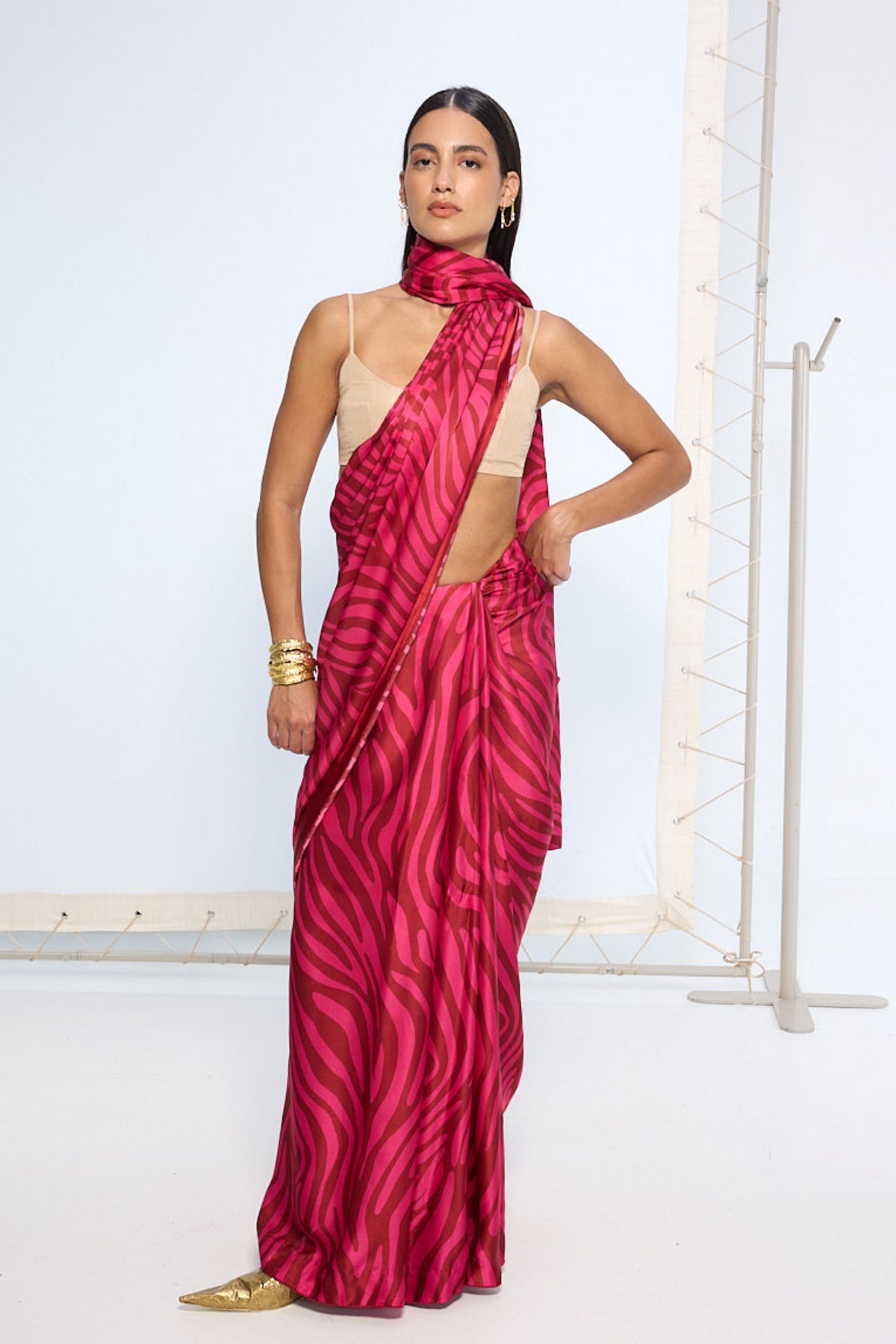 Pink Zebra Print Saree