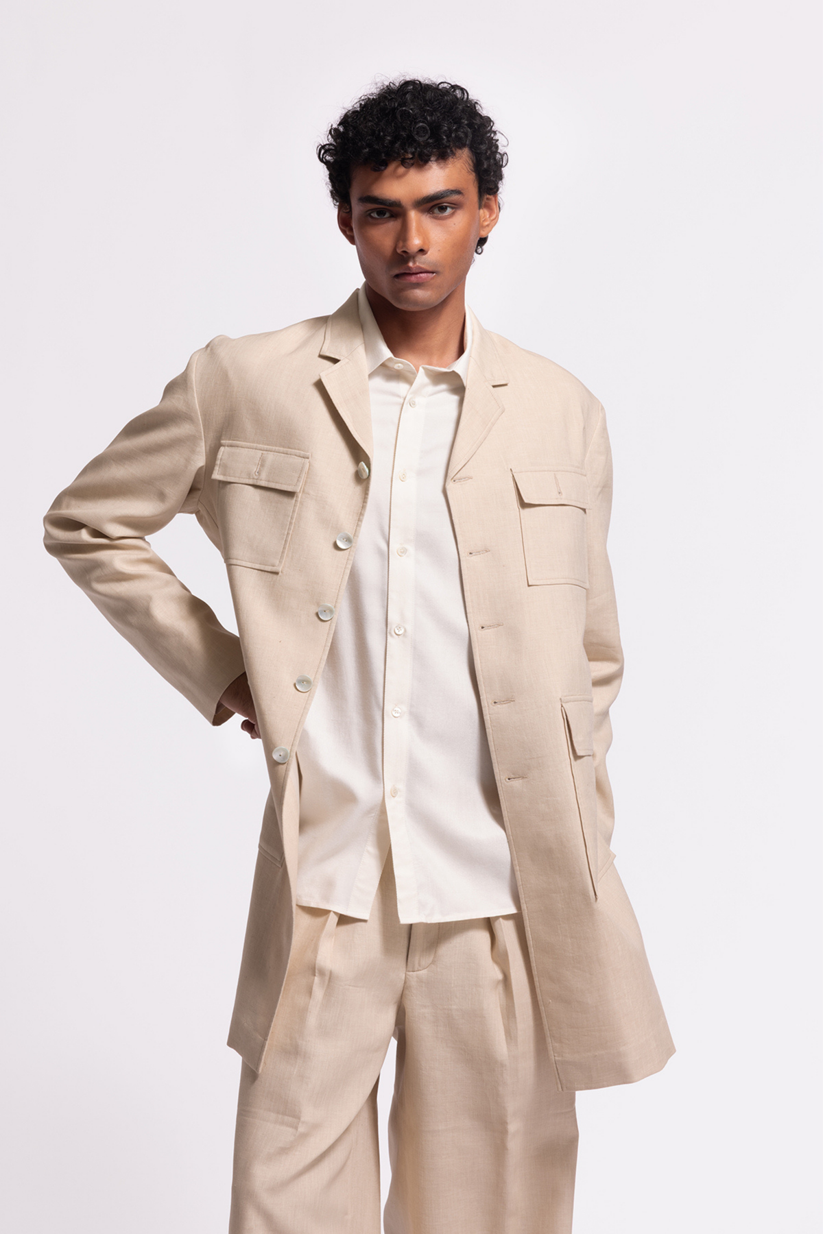 Plain Ivory Long Jacket With Pocket