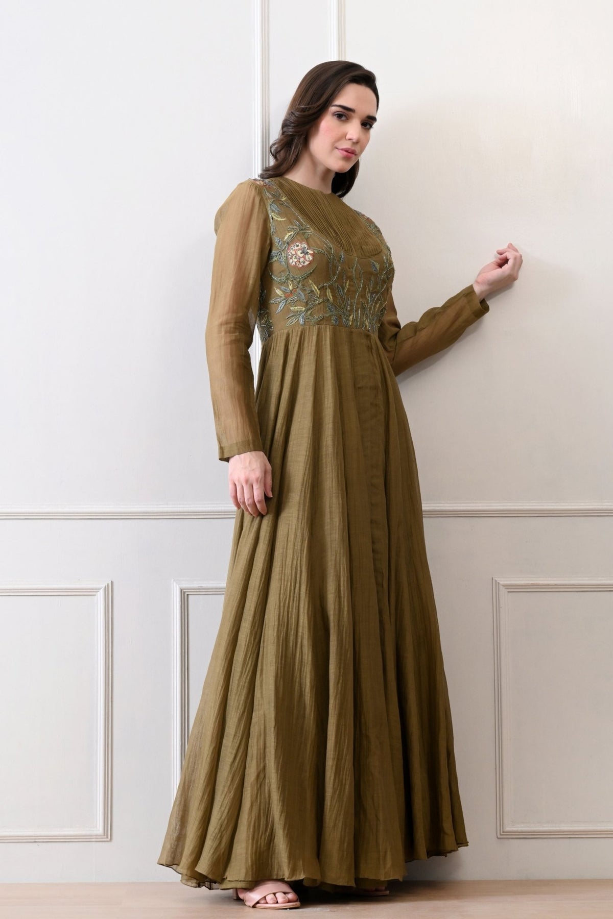 Olive Silk Embroidered Anarkali