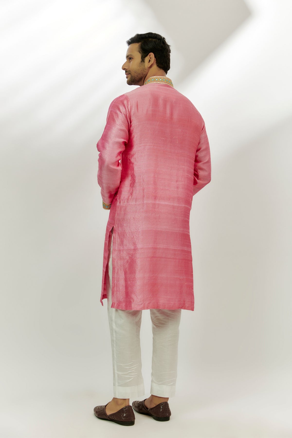 Pastel Pink Raw Silk Embroidered Kurta