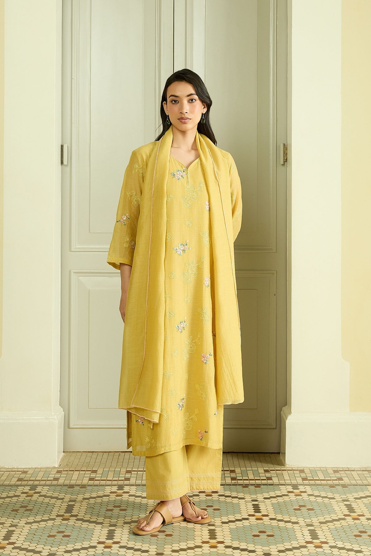 Lemon Thread Embroidered Kurta Set