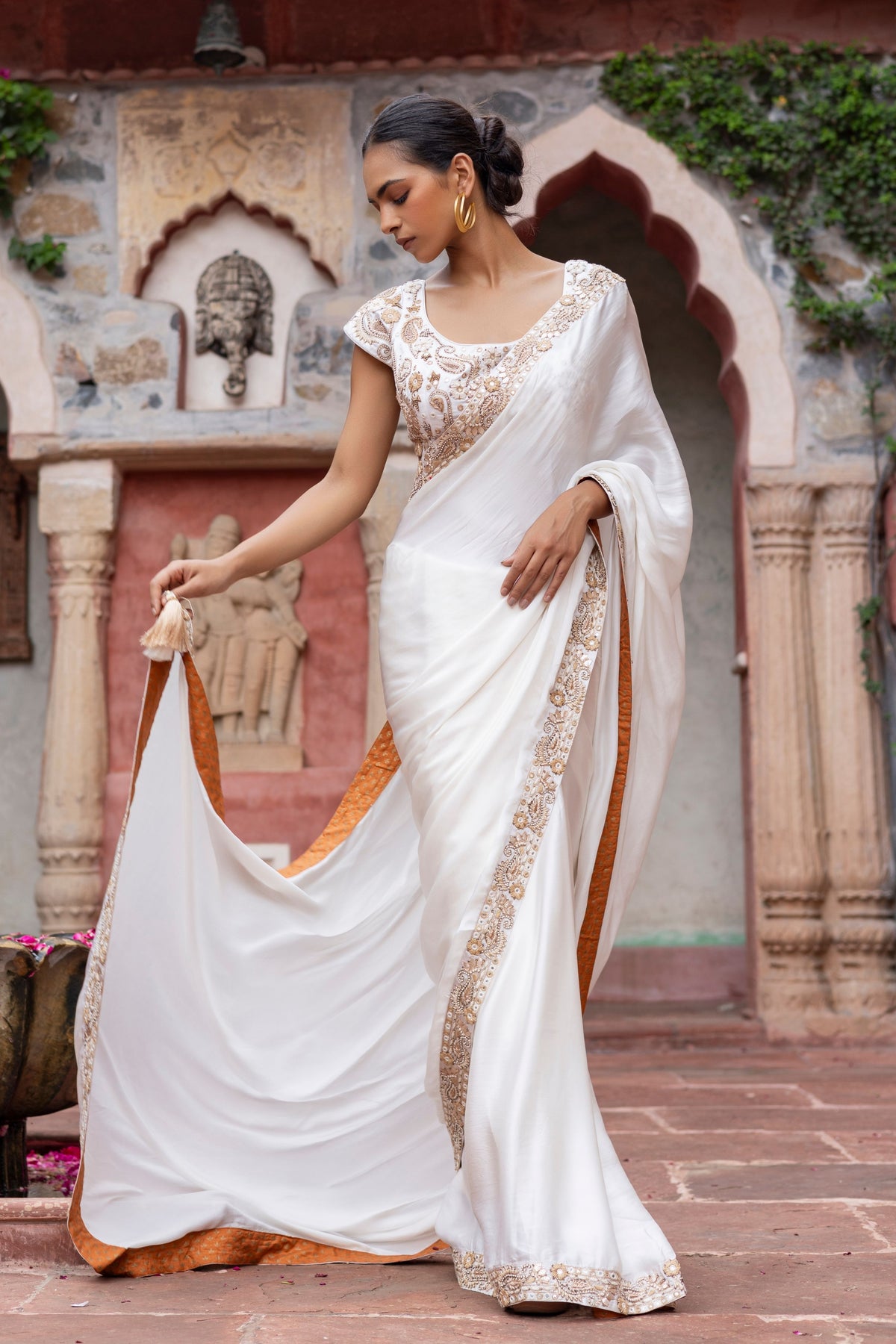 White Paisley Saree Set