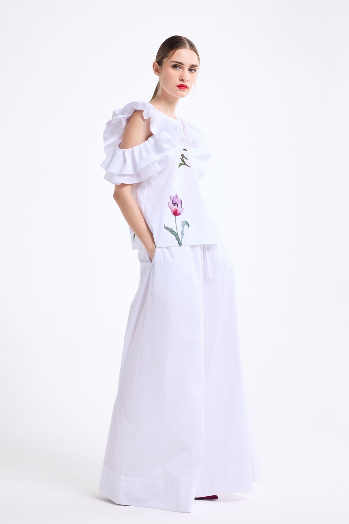 White Ruffle Top With Pants