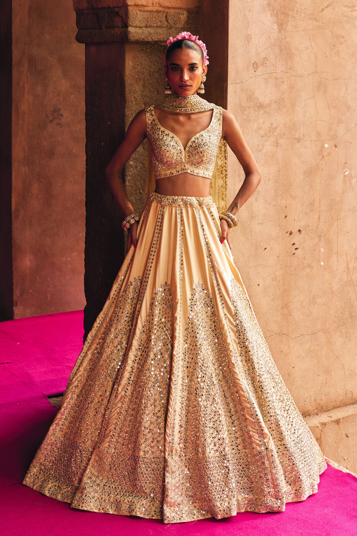 Champagne Gold Raw Silk Lehenga Set