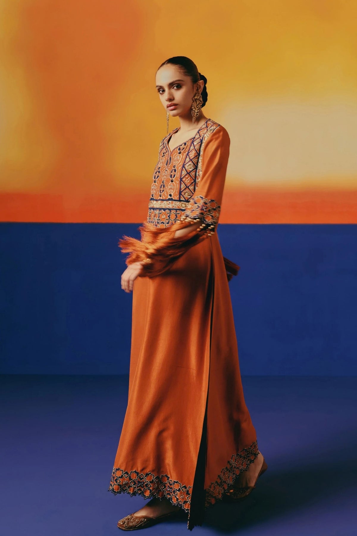 Orange Jaal Long Kurta Set