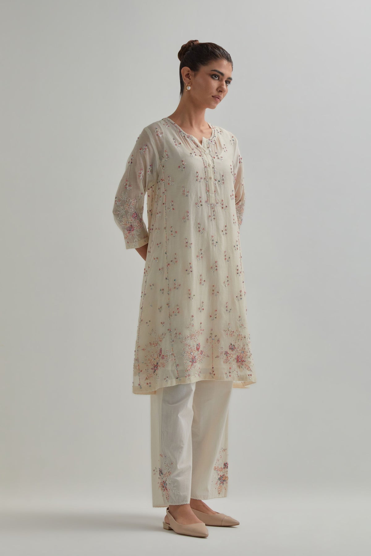 Pink Floral Short Kurta And Pants