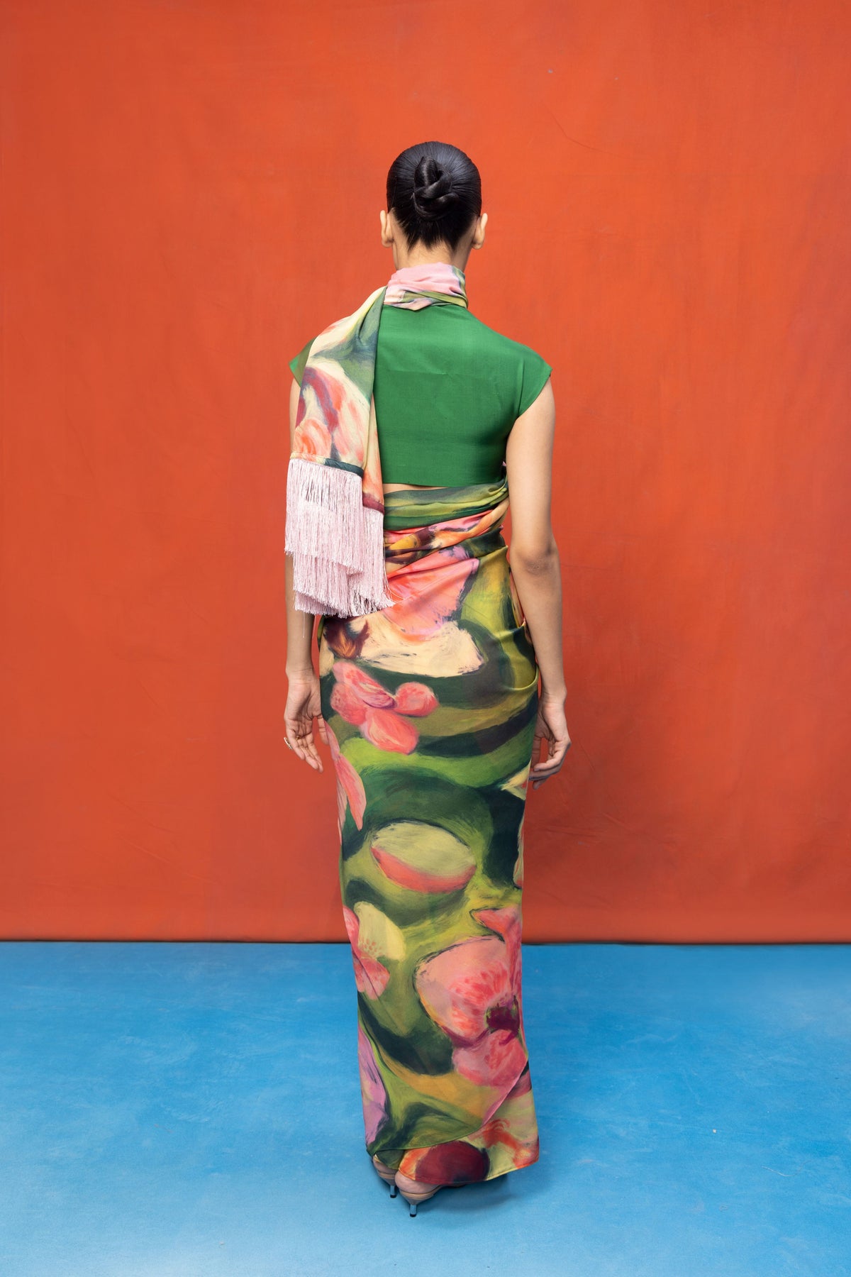Green & Pink Brush Stroke Saree