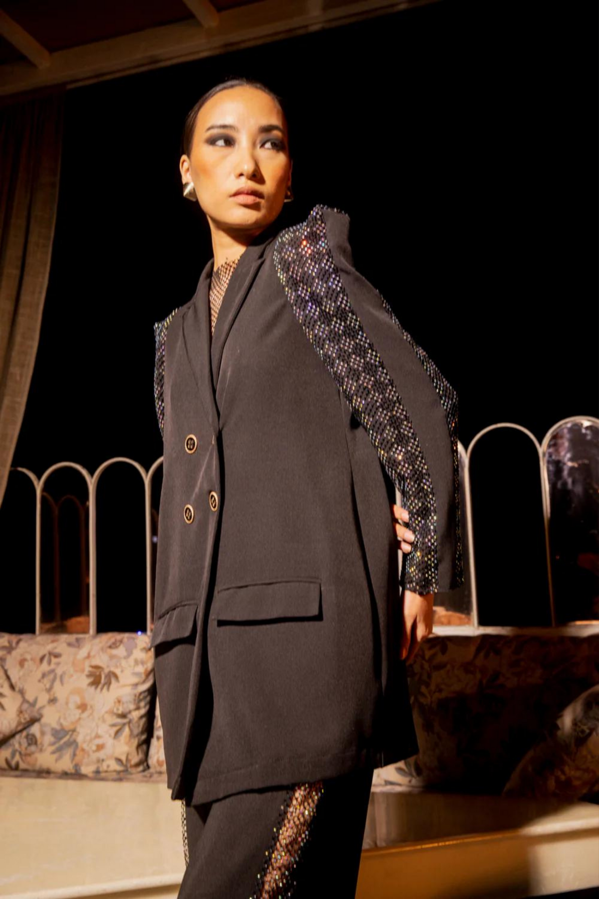 Black  Puff Rhinestone Sleeve Co-ord Set
