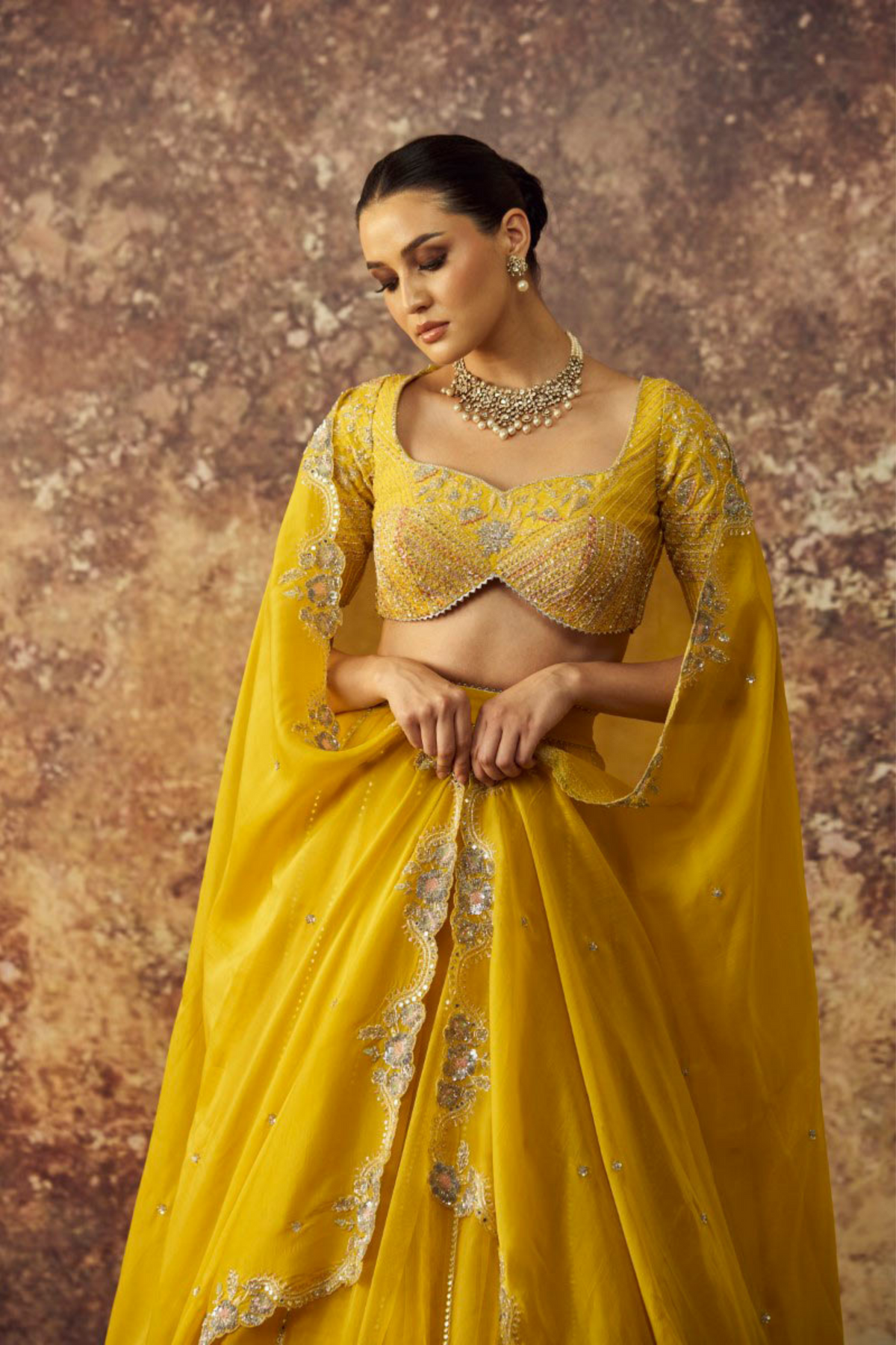 Yellow Organza Pot Lehenga Set