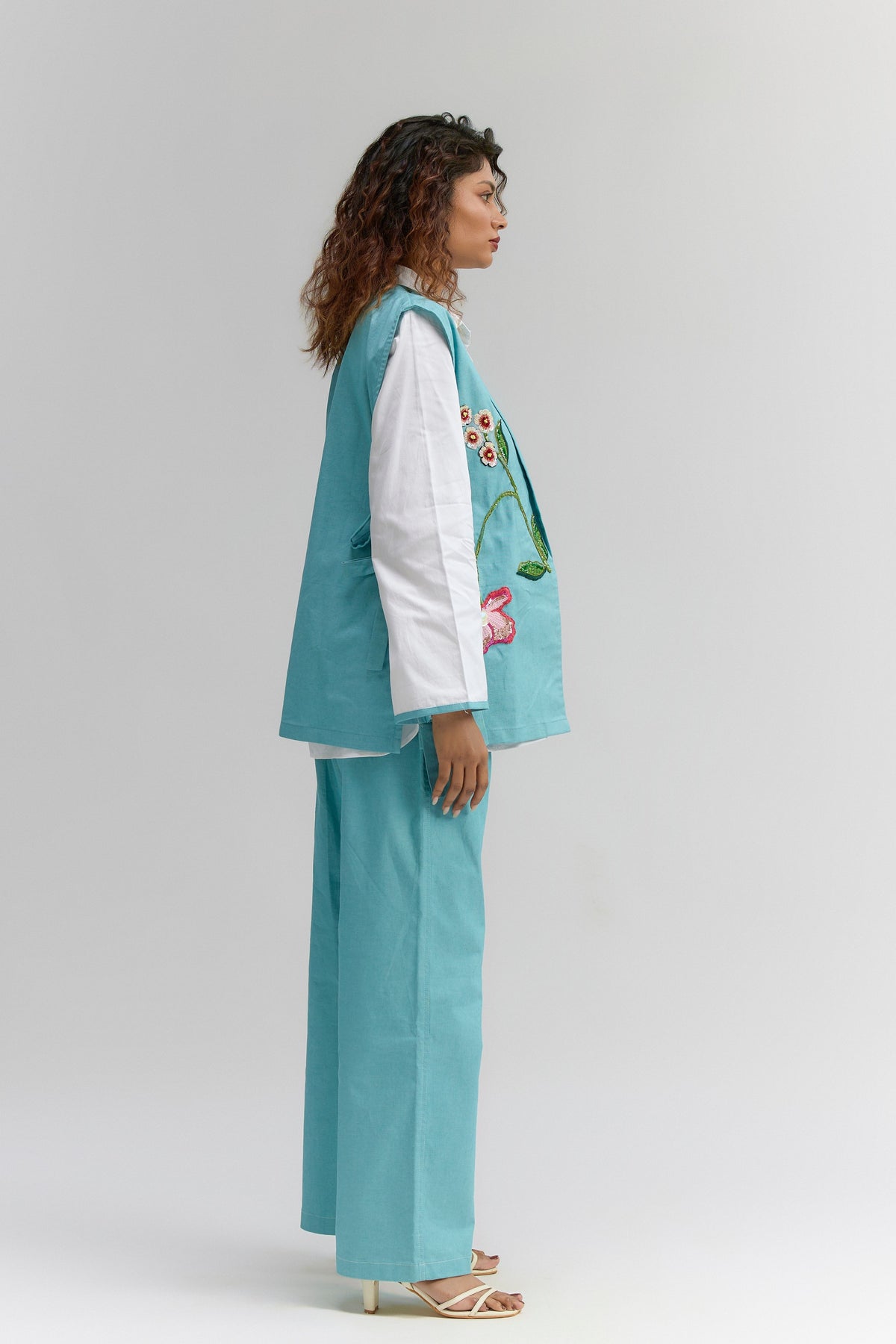 Denim Embroidered Open Jacket