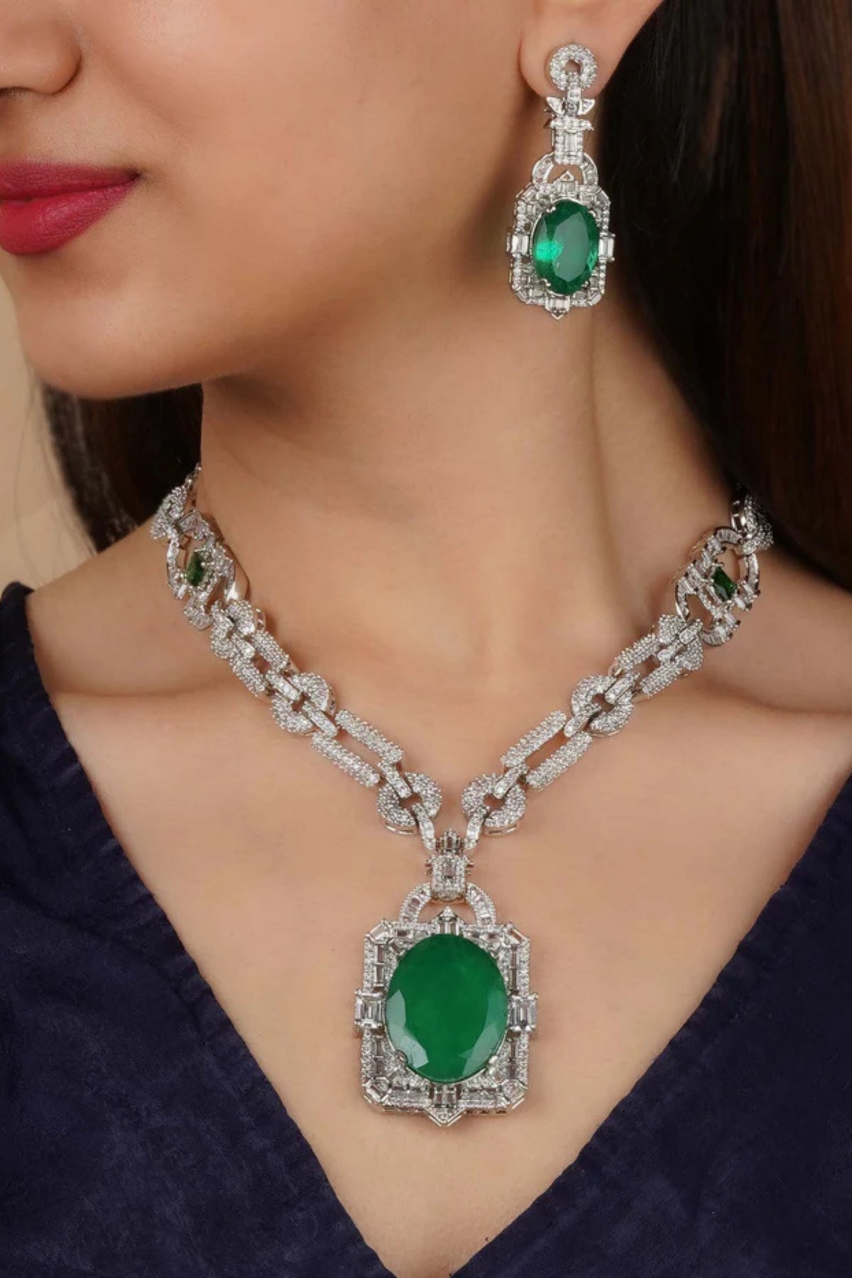 Green Silver Diamond Necklace Set