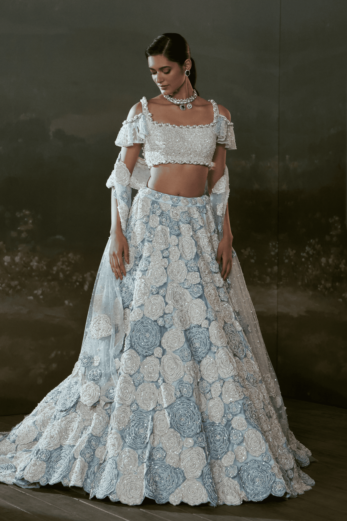 Powder Blue White Trail Lehenga Set